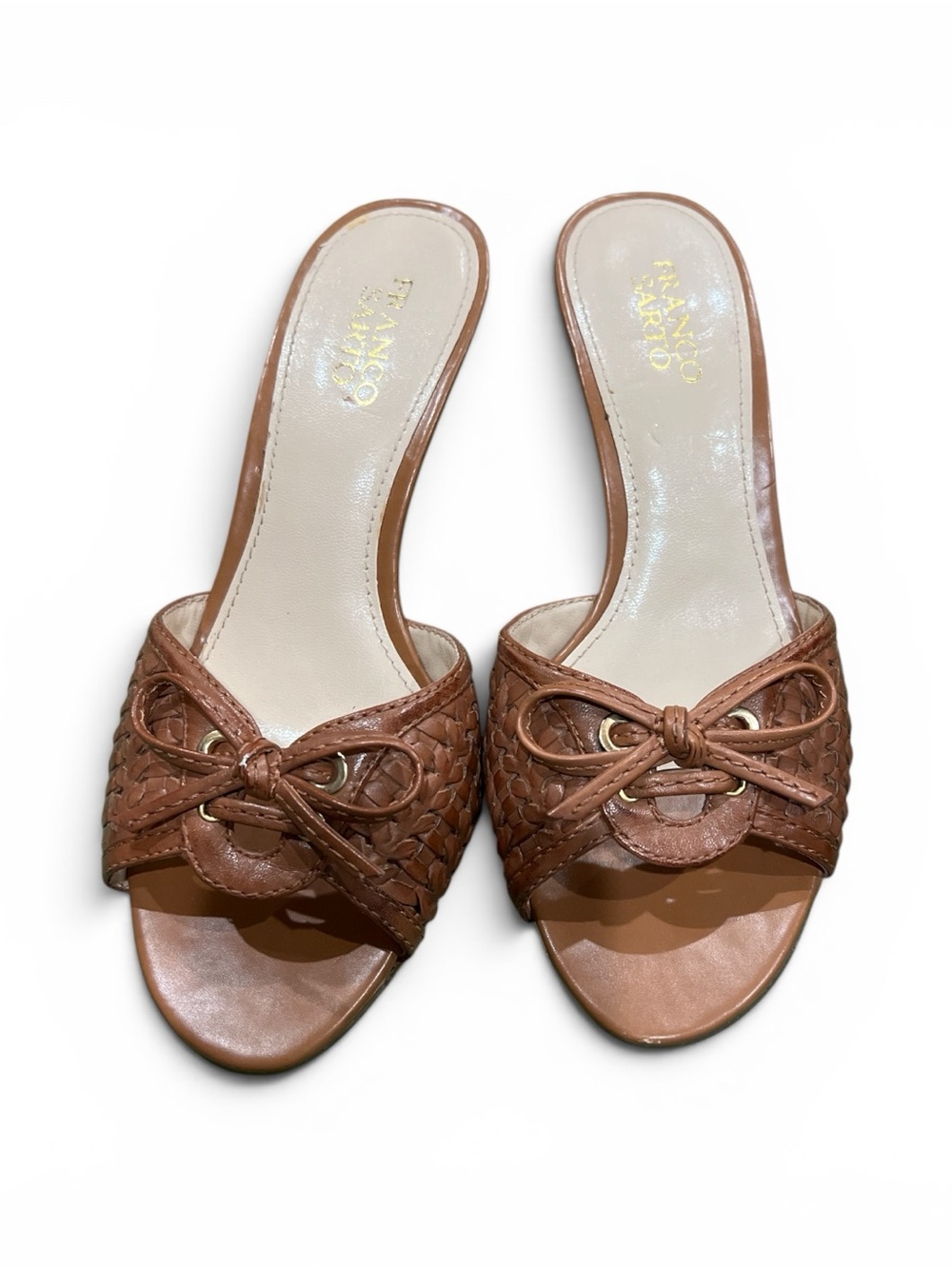 Franco Sarto Tan Braided Slide Mules with Bow Detail